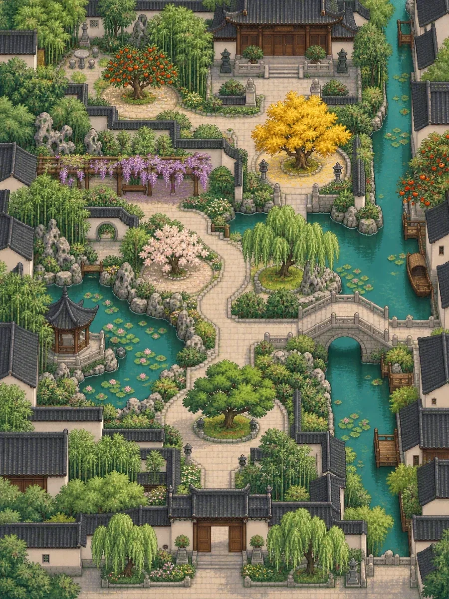 苏州水乡园林中的古树游览路线像素地图